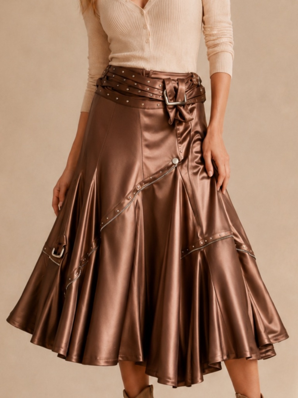Svetlana - Bronze Satin Midi A-Line Skirt with Buckle Zipper Rivet Details - SzS